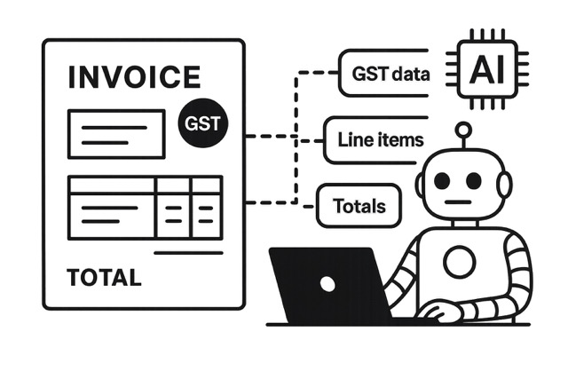Black-and-white illustration of DocXtract automatically extracting data from invoices